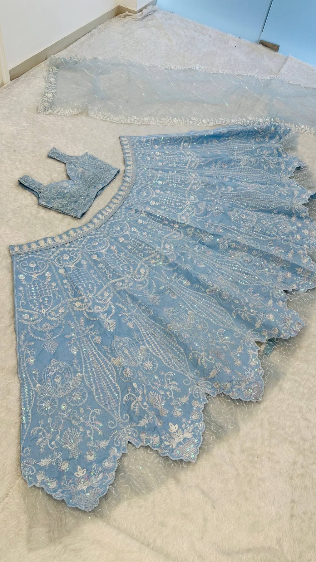 Blue Slub Silk Lehenga Choli with Rainbow Sequins Work for Wedding Wear full drape view
