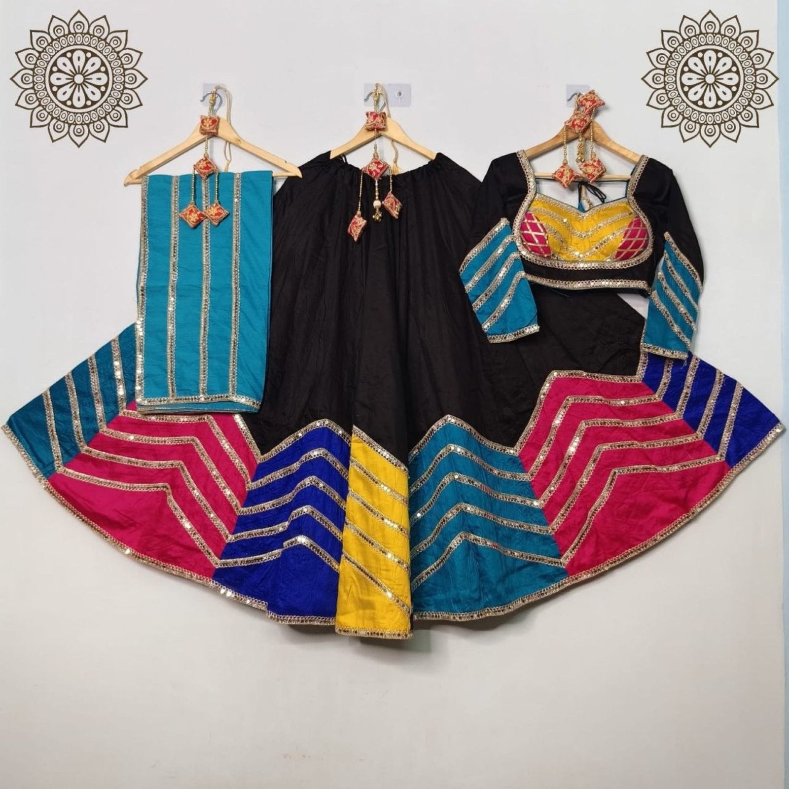 Black Remarkable Heavy Flare Cotton Lehenga with Sequence Dupatta blouse and dupatta detail