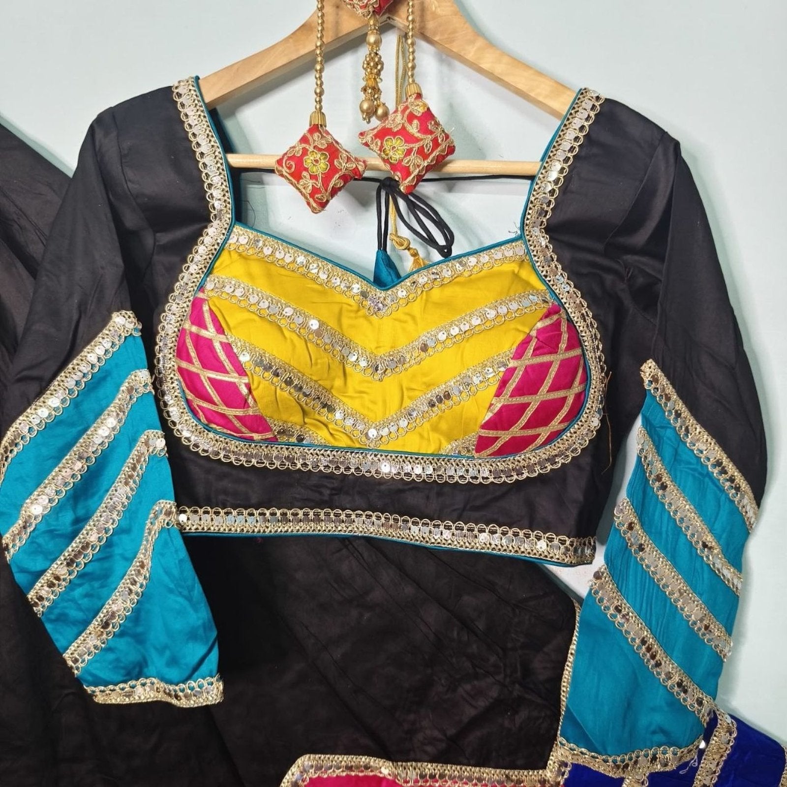 Black Remarkable Heavy Flare Cotton Lehenga with Sequence Dupatta embroidery close-up