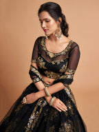 Black Remarkable Soft Net Bridal Lehenga with Zari Sequins Work blouse and dupatta detail
