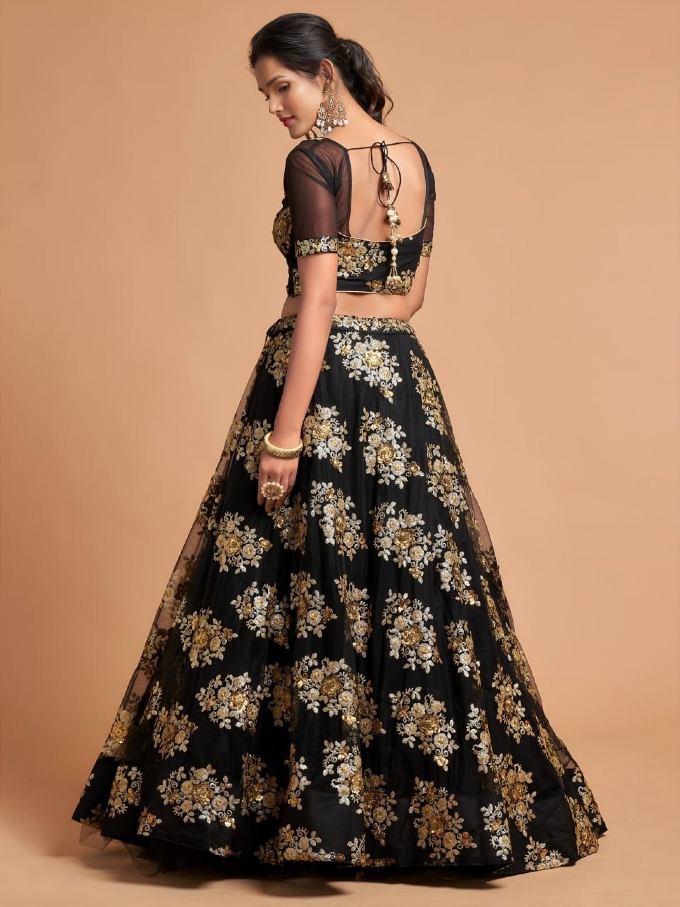 Black Remarkable Soft Net Bridal Lehenga with Zari Sequins Work embroidery close-up
