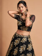 Black Remarkable Soft Net Bridal Lehenga with Zari Sequins Work fabric texture detail