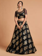 Black Remarkable Soft Net Bridal Lehenga with Zari Sequins Work back view