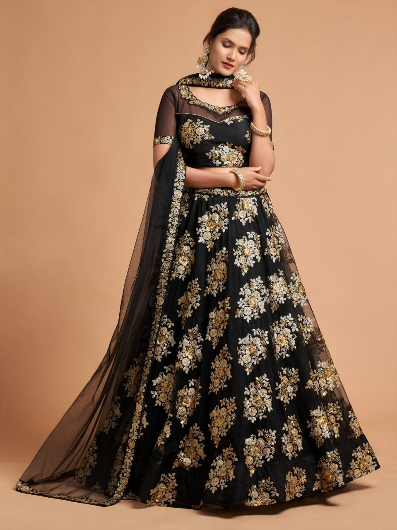 Black Remarkable Soft Net Bridal Lehenga with Zari Sequins Work styling view