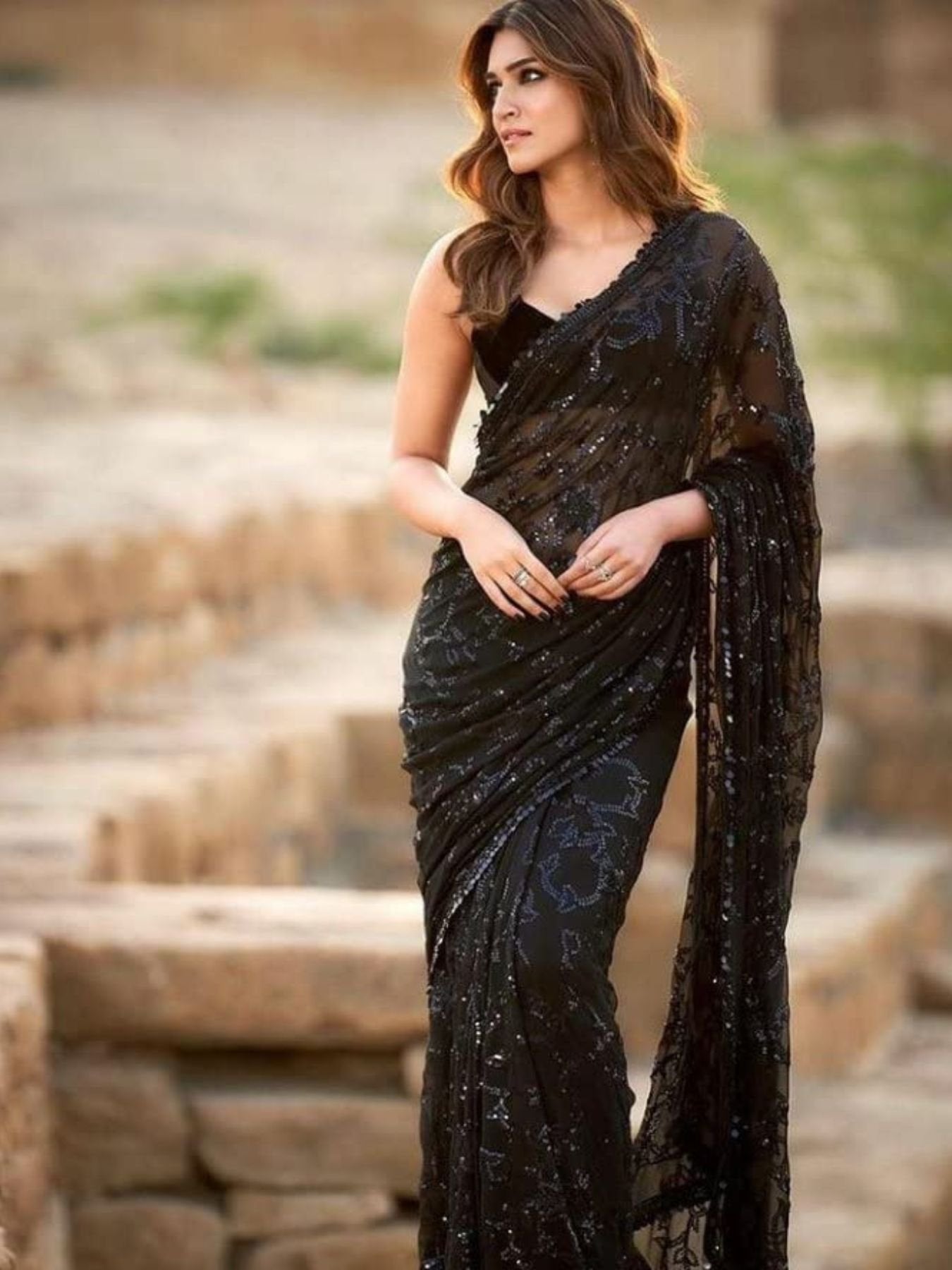 Black Georgette Saree for women - full front view | Snyvia