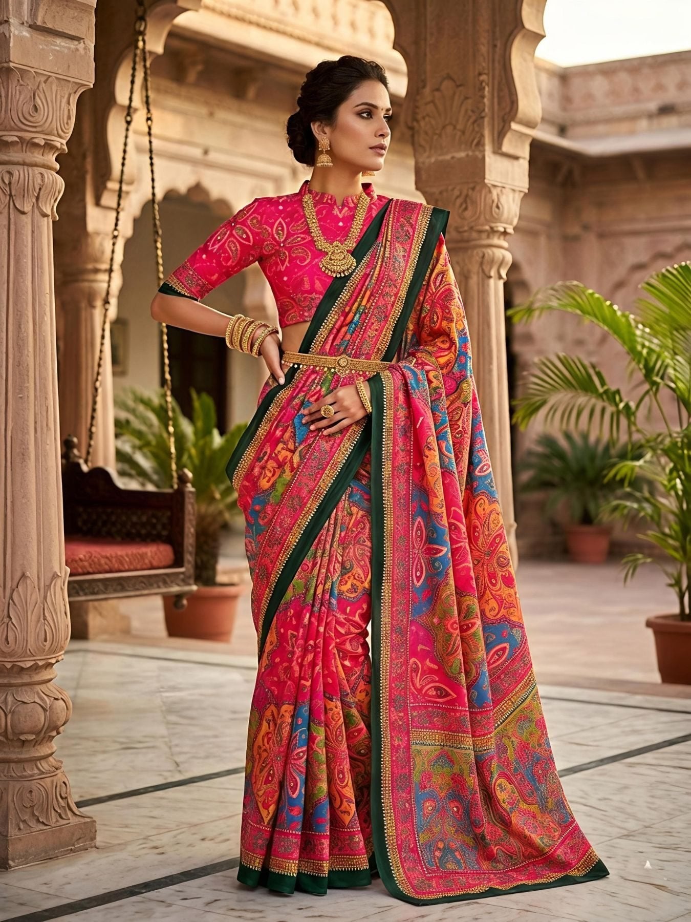 Pink Georgette Saree for women - full front view | Snyvia