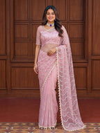 Pink Net Saree for women - full front view | Snyvia