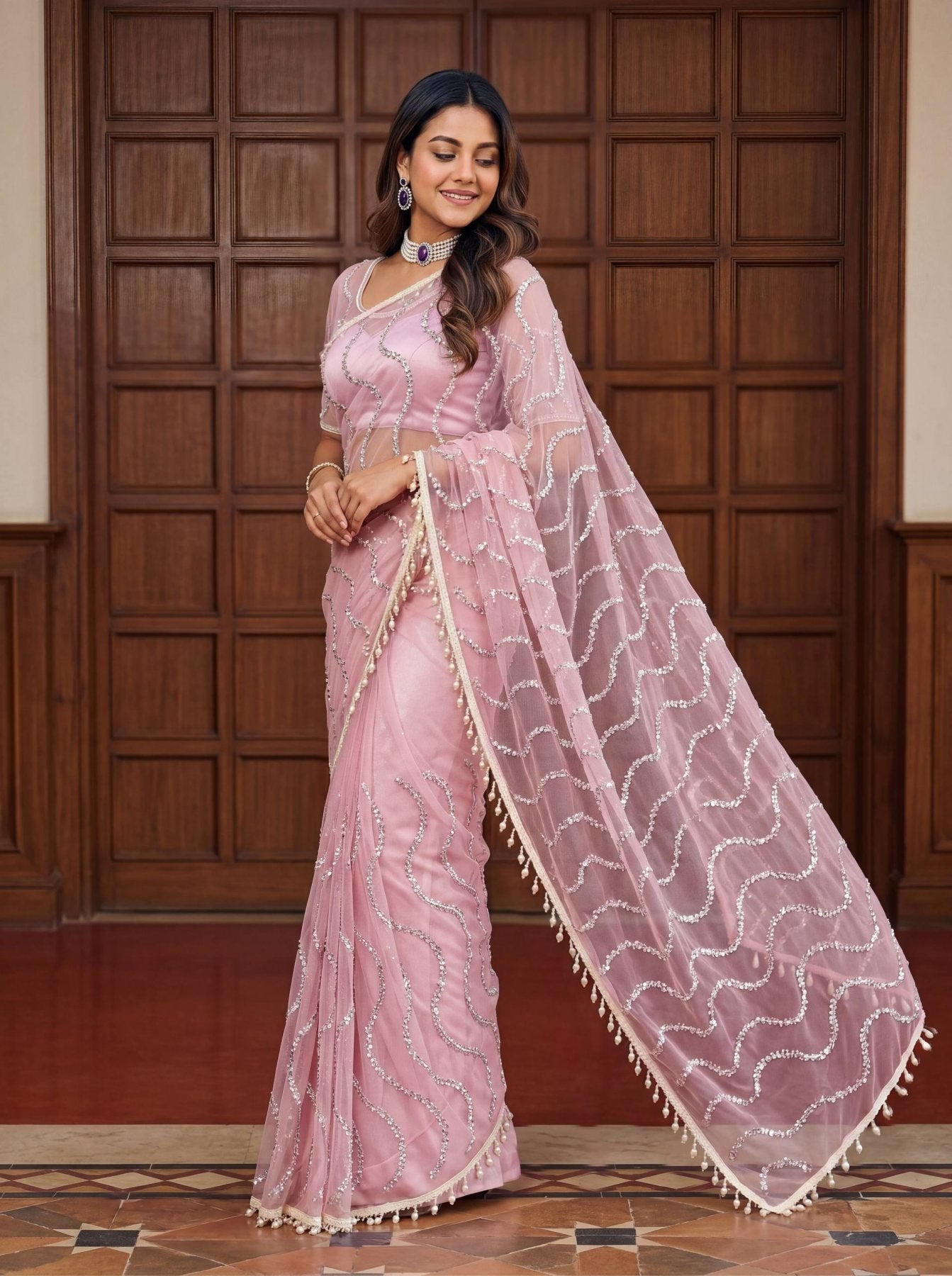 Pink Net Saree - side drape view