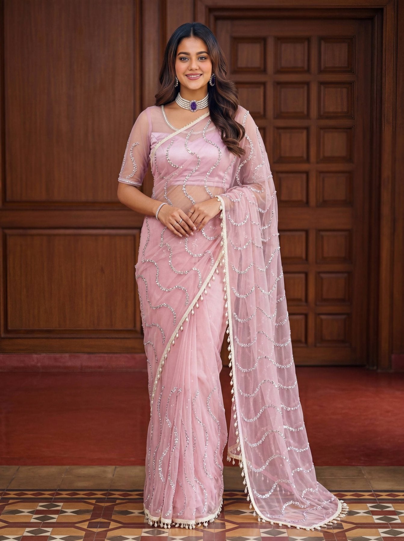 Pink Net Saree - blouse and border close-up