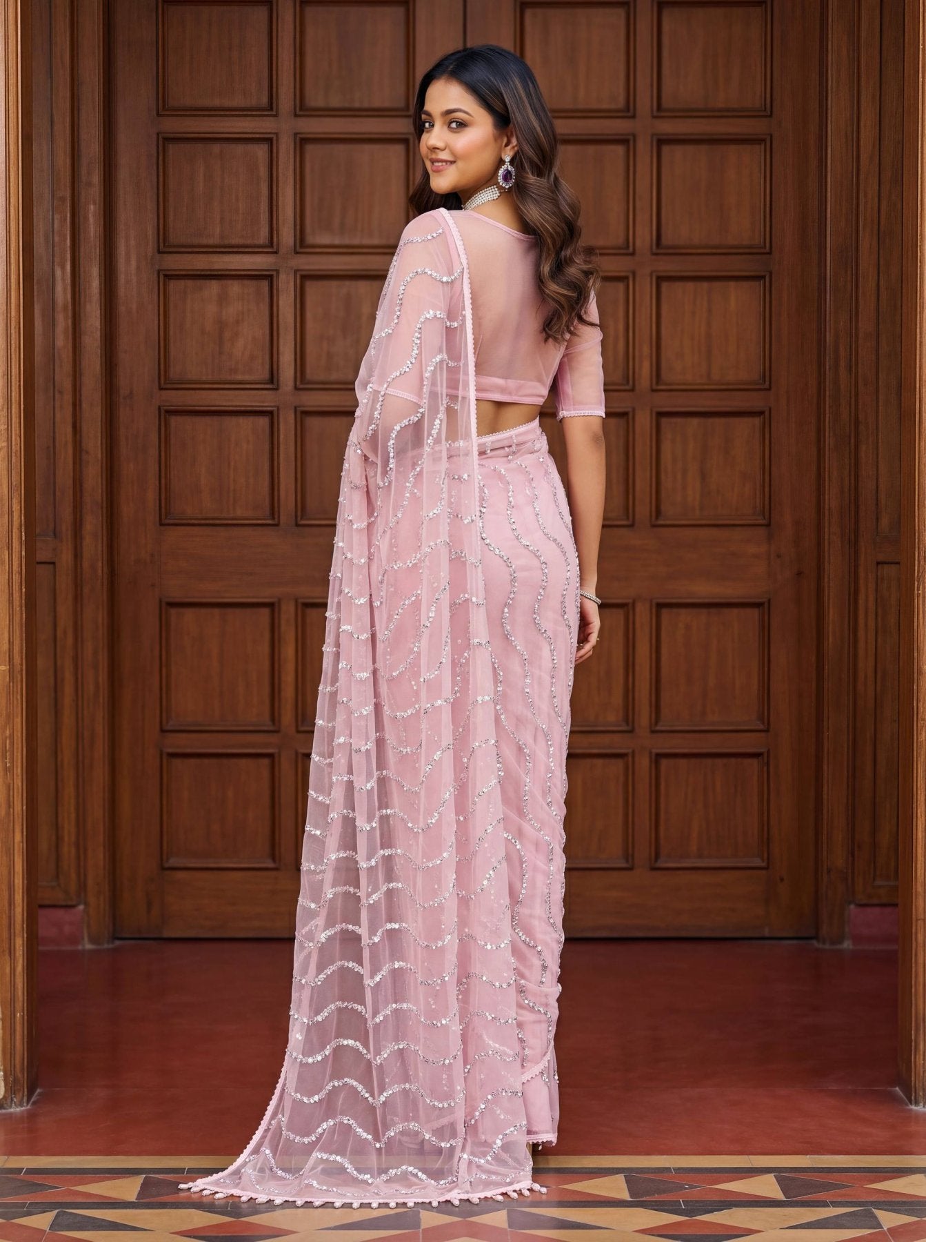 Pink Net Saree - Embroidery embroidery work detail
