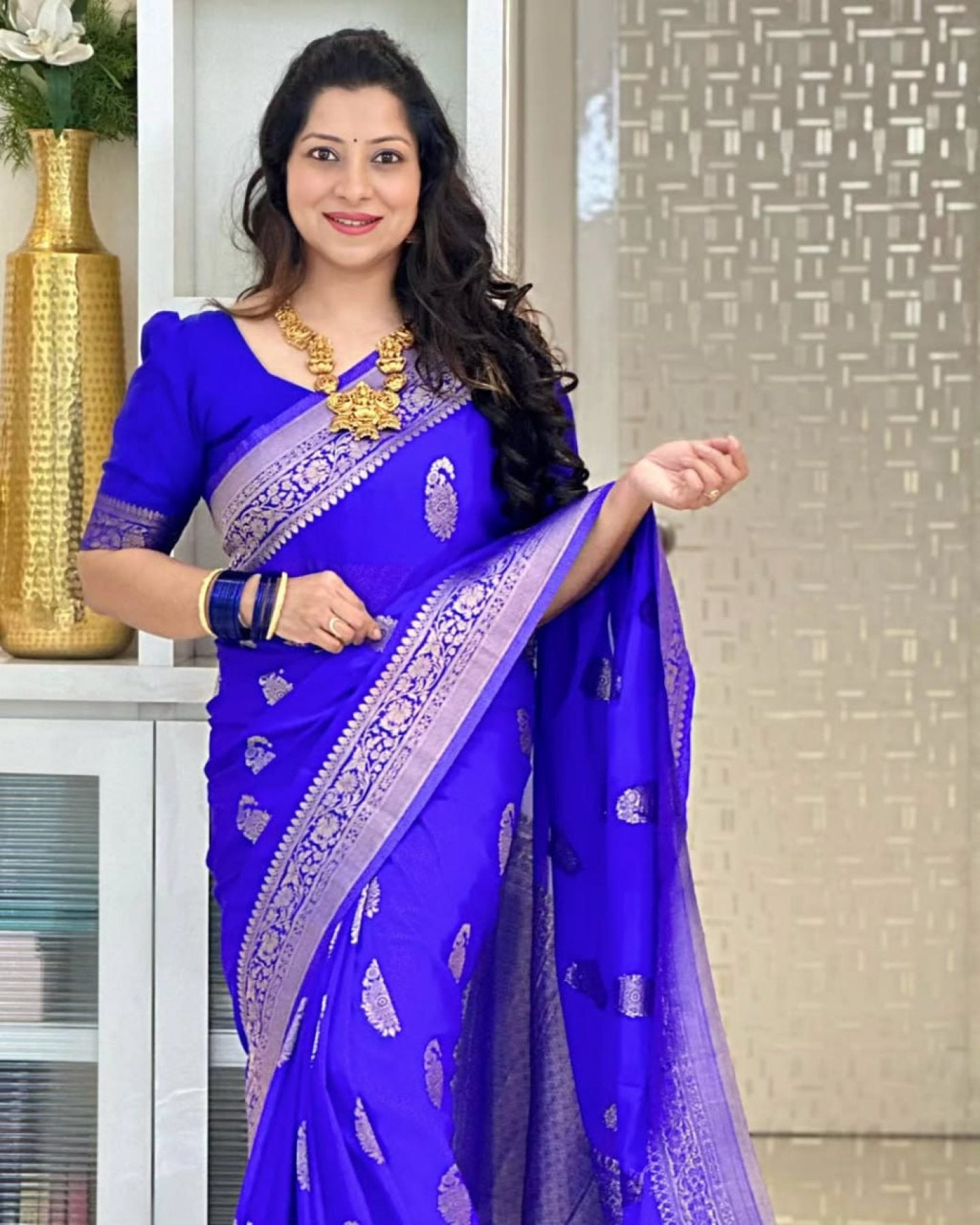 Gold Banarasi Saree - side drape view