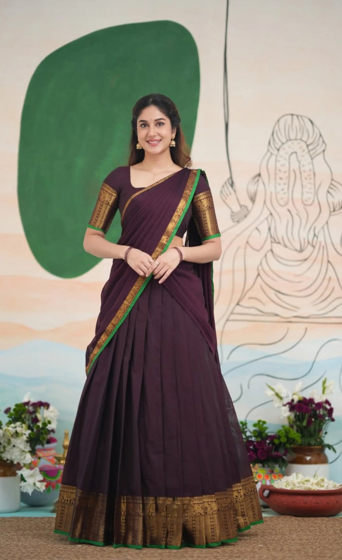 Purple Half Saree Lehenga with Kanchi Cotton for Traditional Wear blouse and dupatta detail