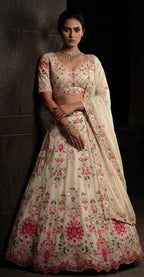 Cream Faux Georgette Lehenga with Can and Canvas Layers for Wedding Wear full drape view