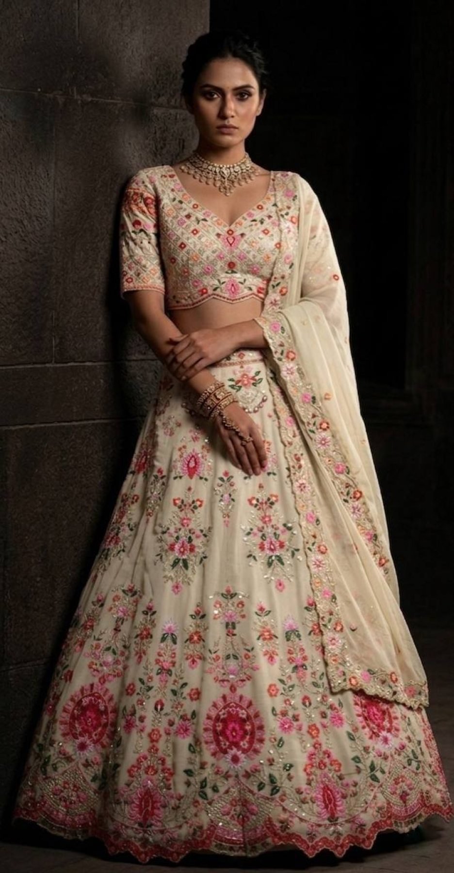 Cream Faux Georgette Lehenga with Can and Canvas Layers for Wedding Wear full drape view