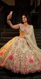 Cream Faux Georgette Lehenga with Can and Canvas Layers for Wedding Wear blouse and dupatta detail