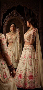Cream Faux Georgette Lehenga with Can and Canvas Layers for Wedding Wear embroidery close-up