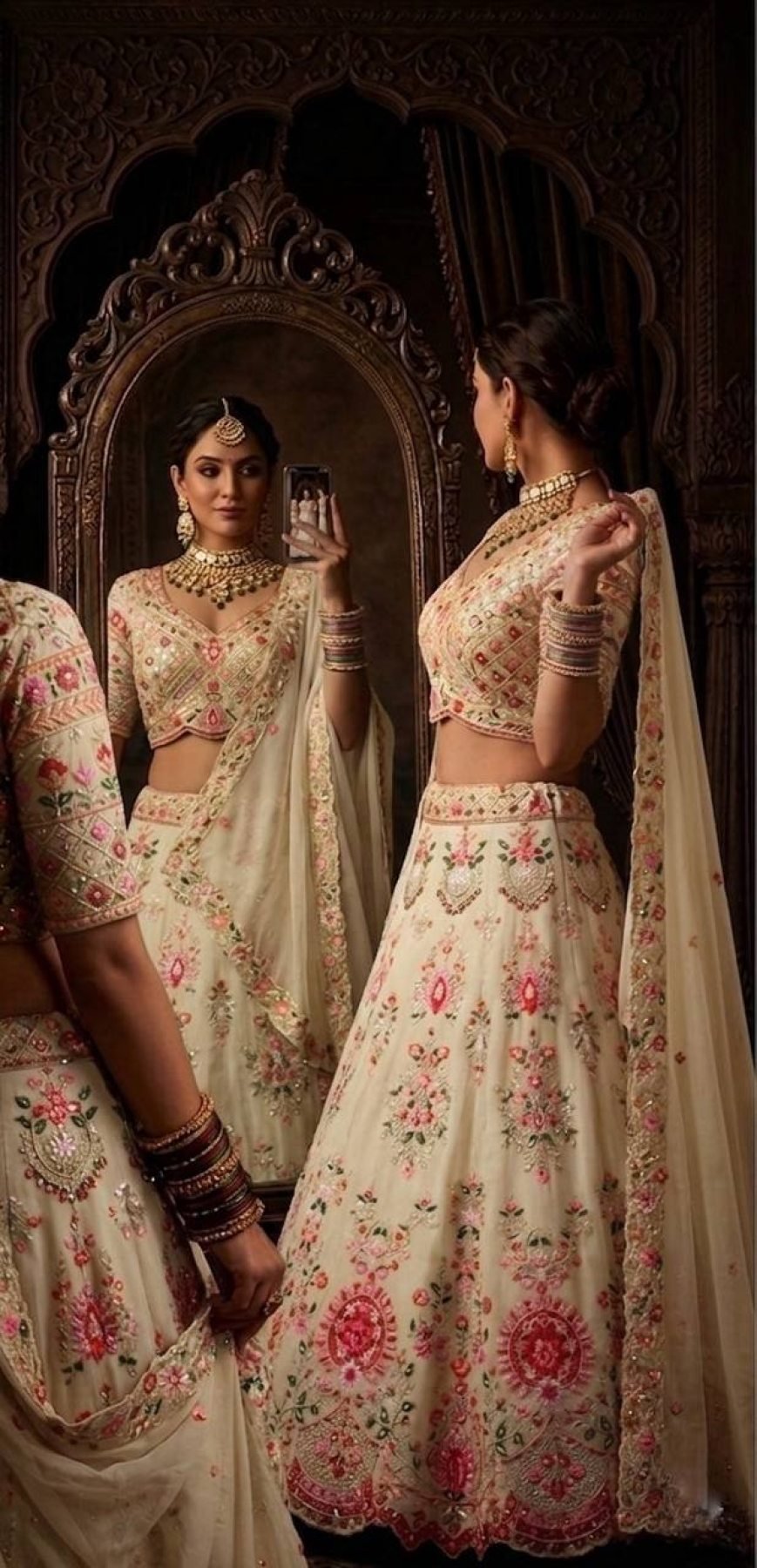Cream Faux Georgette Lehenga with Can and Canvas Layers for Wedding Wear embroidery close-up