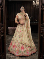 Cream Faux Georgette Lehenga with Can and Canvas Layers for Wedding Wear fabric texture detail
