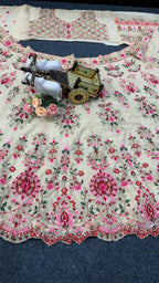 Cream Faux Georgette Lehenga with Can and Canvas Layers for Wedding Wear styling view