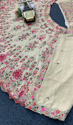 Cream Faux Georgette Lehenga with Can and Canvas Layers for Wedding Wear full drape view