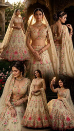 Cream Faux Georgette Lehenga with Can and Canvas Layers for Wedding Wear full drape view