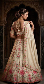 Cream Faux Georgette Lehenga with Can and Canvas Layers for Wedding Wear blouse and dupatta detail