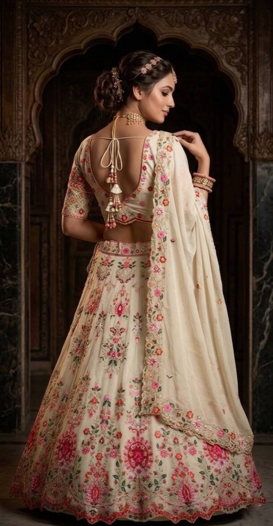 Cream Faux Georgette Lehenga with Can and Canvas Layers for Wedding Wear blouse and dupatta detail