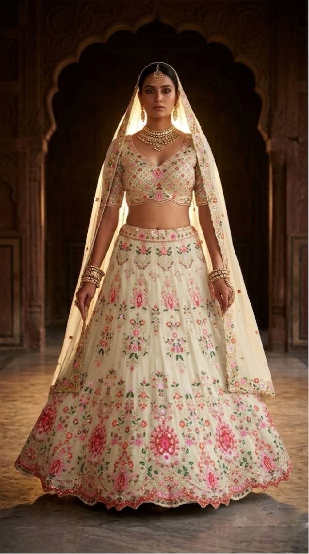 Cream Faux Georgette Lehenga with Can and Canvas Layers for Wedding Wear embroidery close-up
