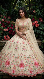 Cream Faux Georgette Lehenga with Can and Canvas Layers for Wedding Wear fabric texture detail
