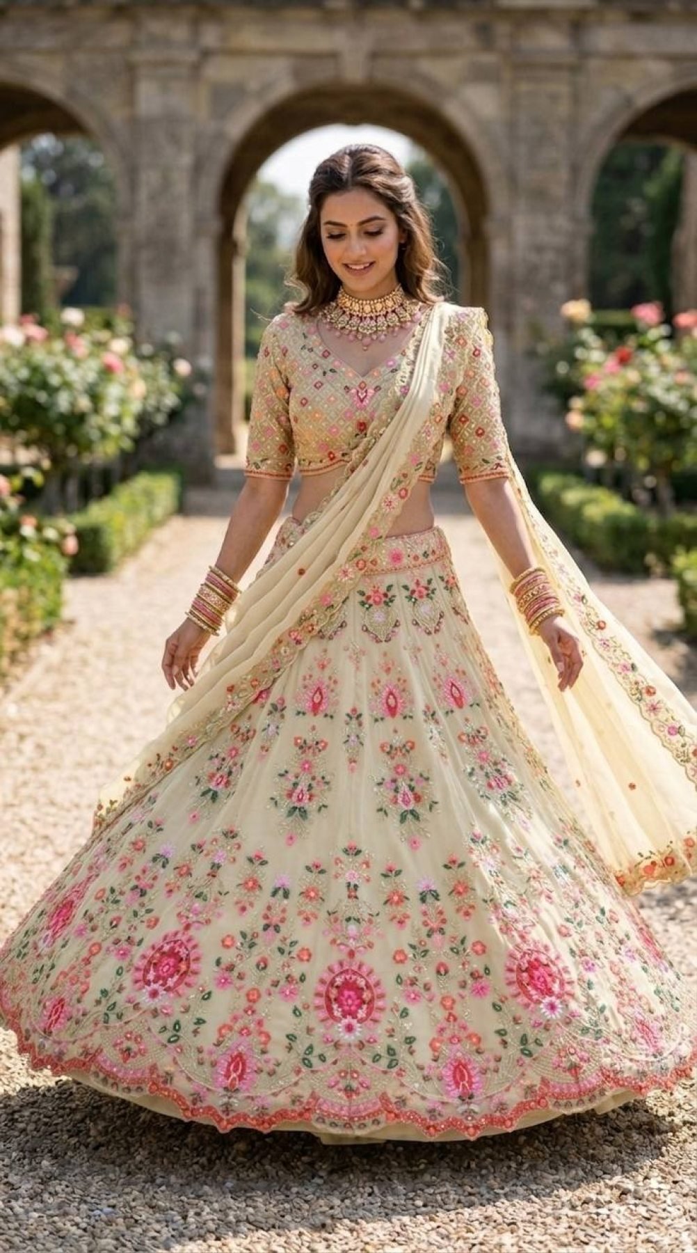 Cream Faux Georgette Lehenga with Can and Canvas Layers for Wedding Wear back view