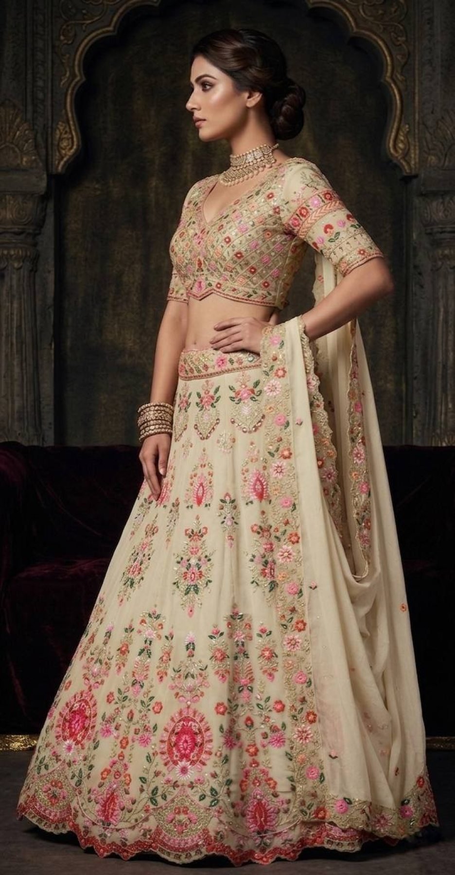 Cream Faux Georgette Lehenga with Can and Canvas Layers for Wedding Wear styling view