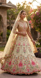 Cream Faux Georgette Lehenga with Can and Canvas Layers for Wedding Wear front view