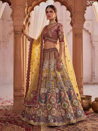 Gadhwal Lehenga Choli with Heavy Mirror and Kundan Work For Bridal Wear full drape view