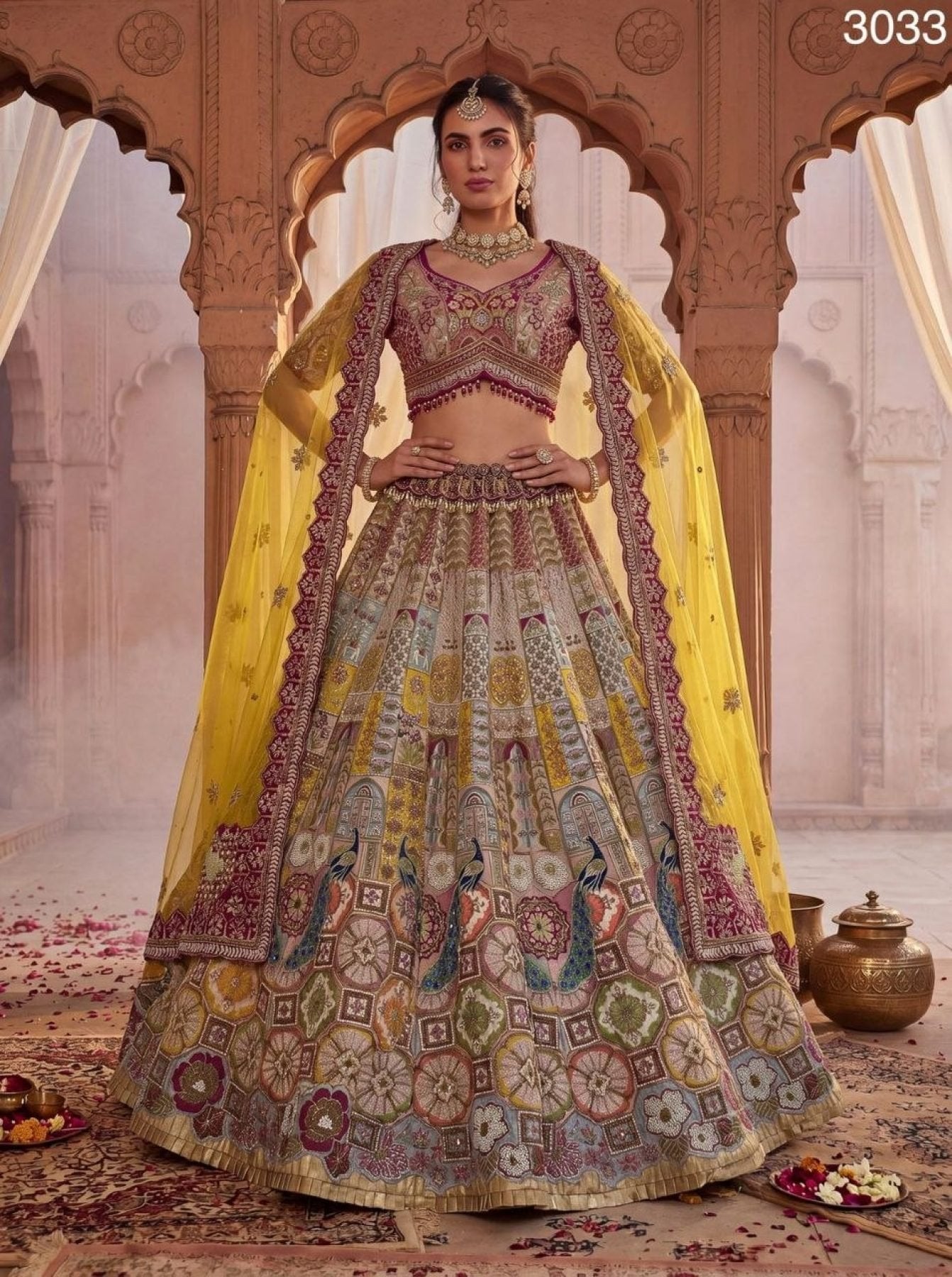 Gadhwal Lehenga Choli with Heavy Mirror and Kundan Work For Bridal Wear blouse and dupatta detail