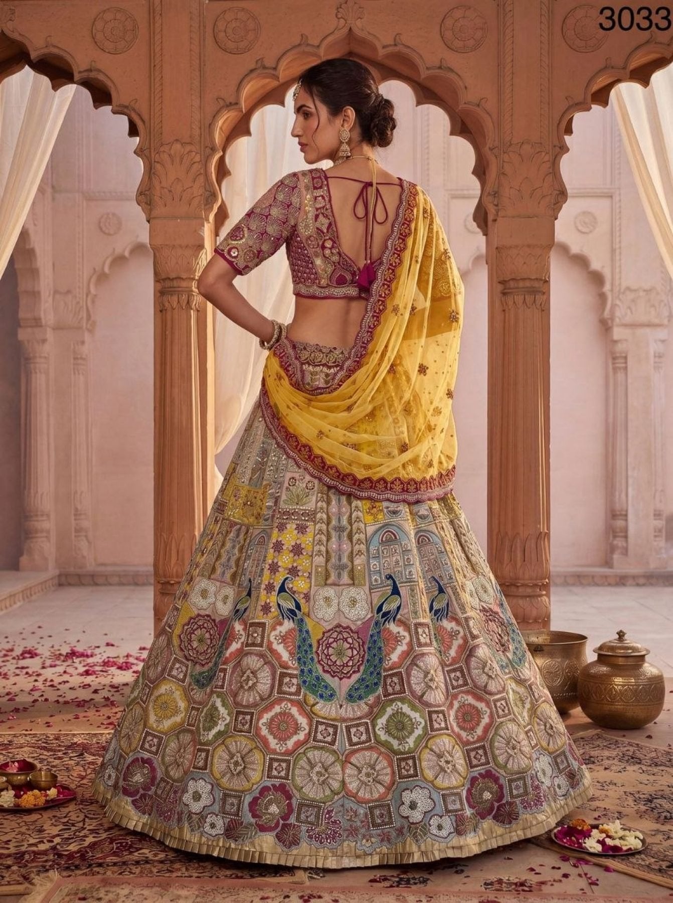 Gadhwal Lehenga Choli with Heavy Mirror and Kundan Work For Bridal Wear fabric texture detail