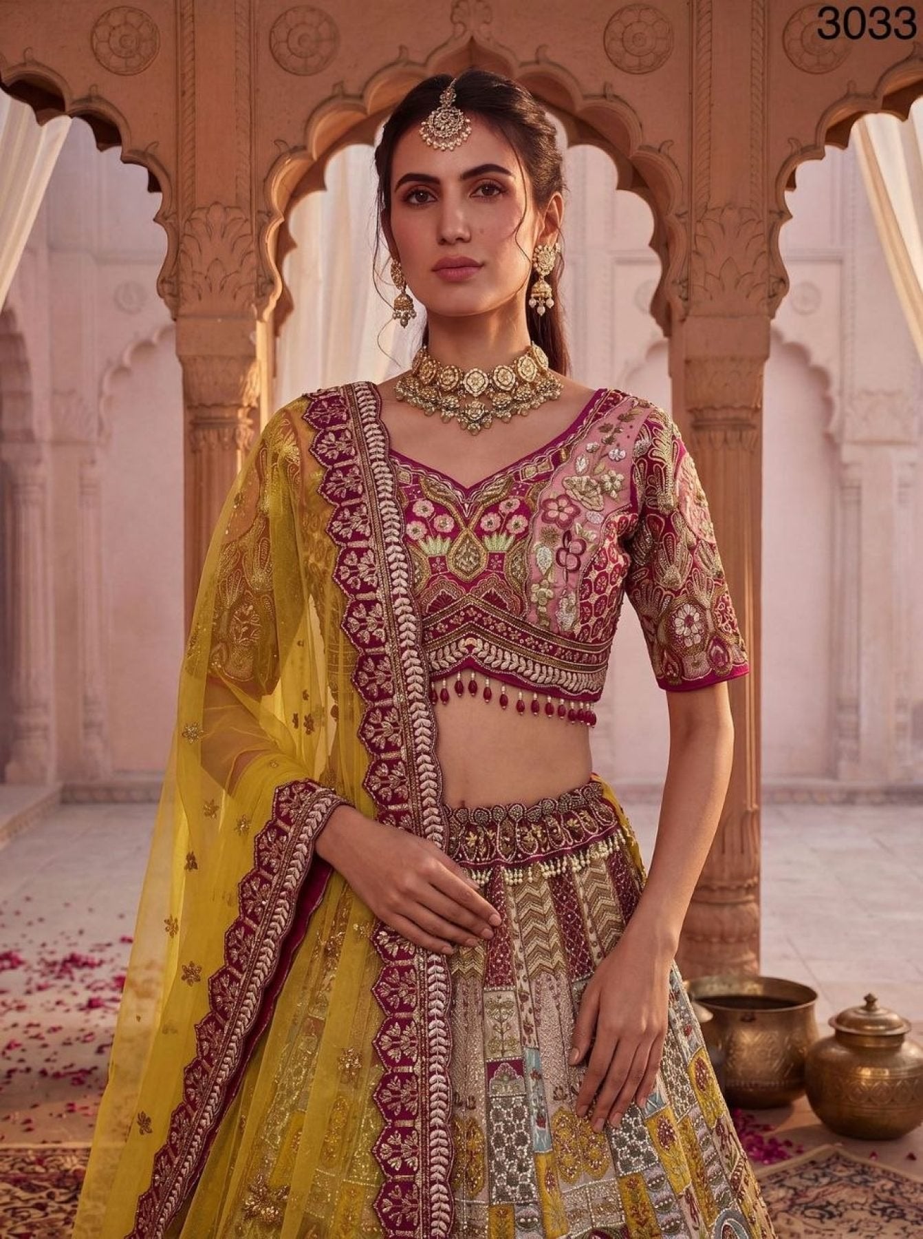 Gadhwal Lehenga Choli with Heavy Mirror and Kundan Work For Bridal Wear back view
