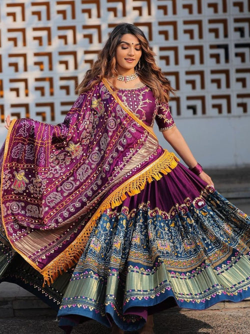 Butter Silk Lehenga with Digital Print and Mirror Work at Snyvia