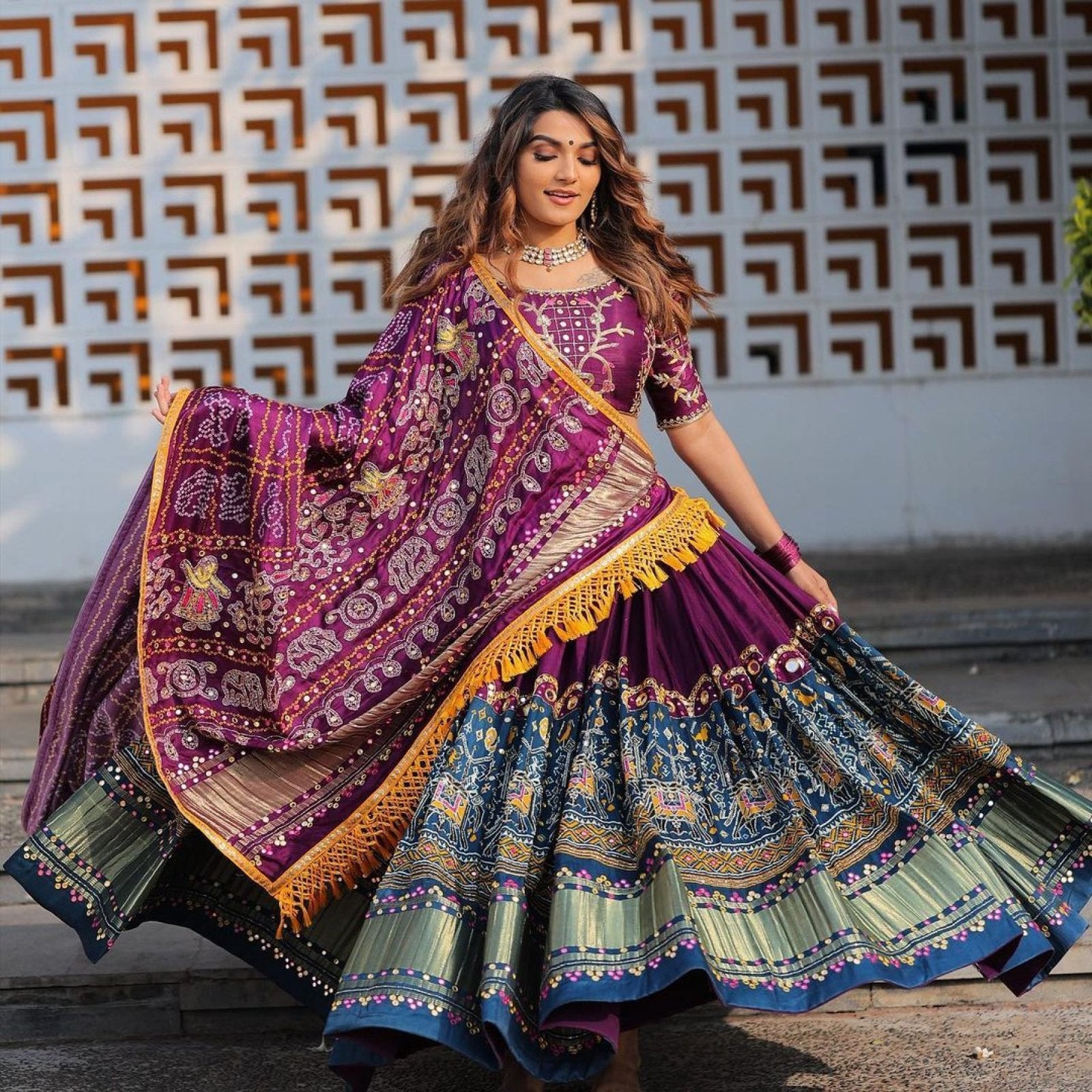 Purple Butter Silk Lehenga with Digital Print and Mirror Work for Festive Wear full drape view