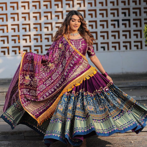 Purple Butter Silk Lehenga with Digital Print and Mirror Work for Festive Wear full drape view