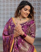 Purple Butter Silk Lehenga with Digital Print and Mirror Work for Festive Wear blouse and dupatta detail