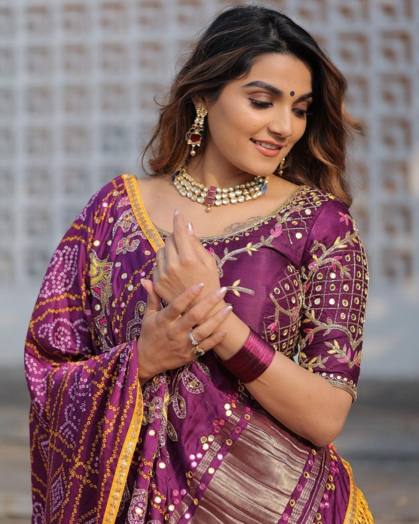 Purple Butter Silk Lehenga with Digital Print and Mirror Work for Festive Wear blouse and dupatta detail