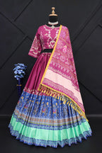 Purple Butter Silk Lehenga with Digital Print and Mirror Work for Festive Wear embroidery close-up