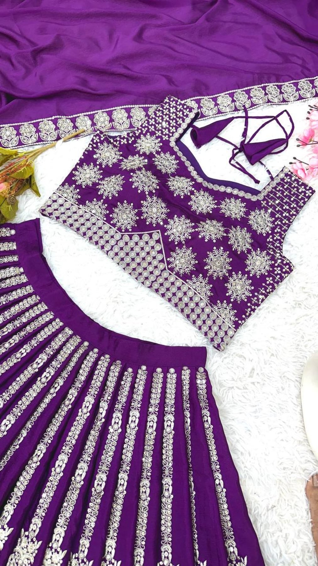White Chinnon Lehenga with Embroidery Wedding Ready Elegance fabric texture detail