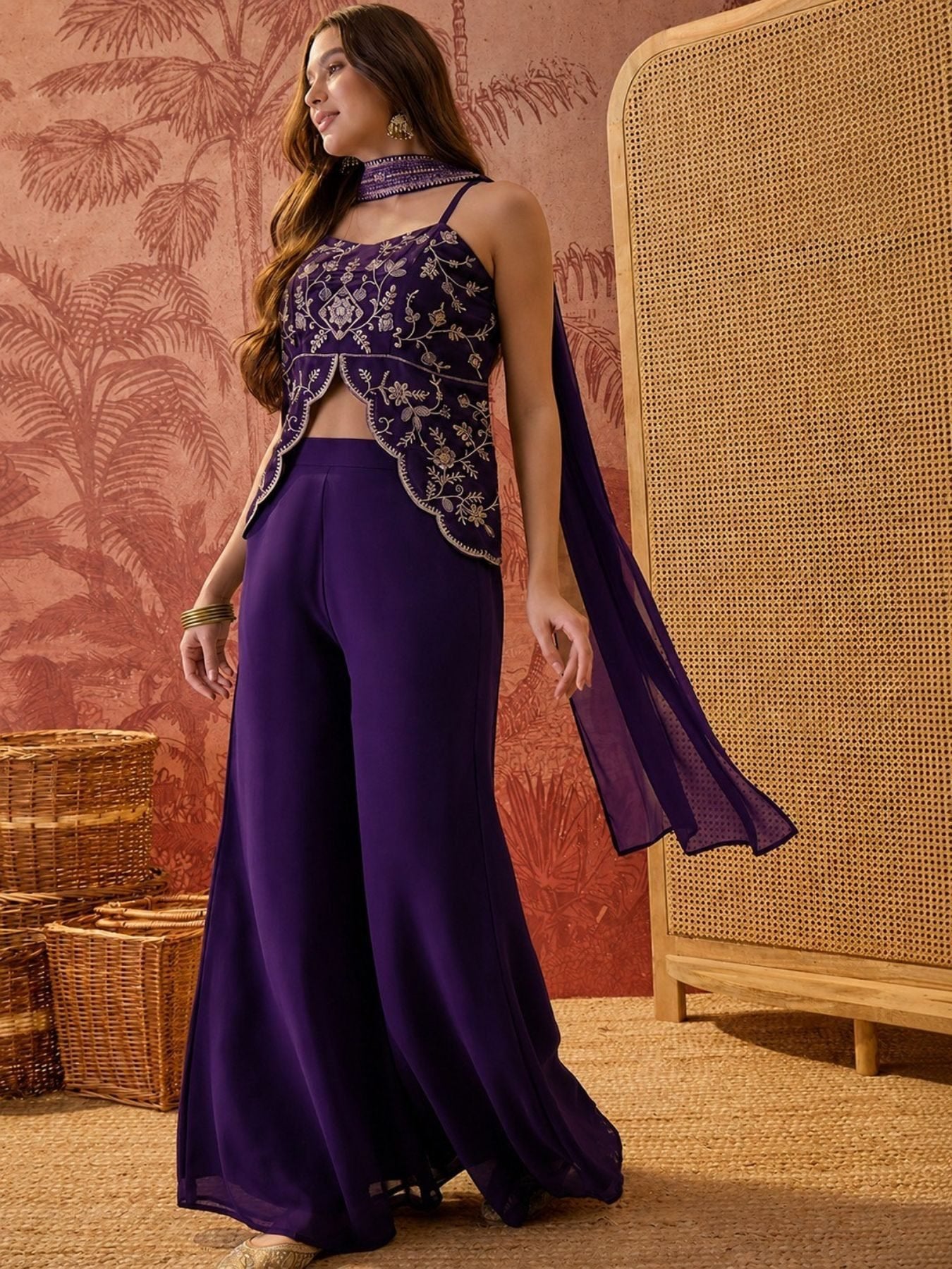 Purple Georgette Top Palazzo Set With Dupatta for women | Snyvia