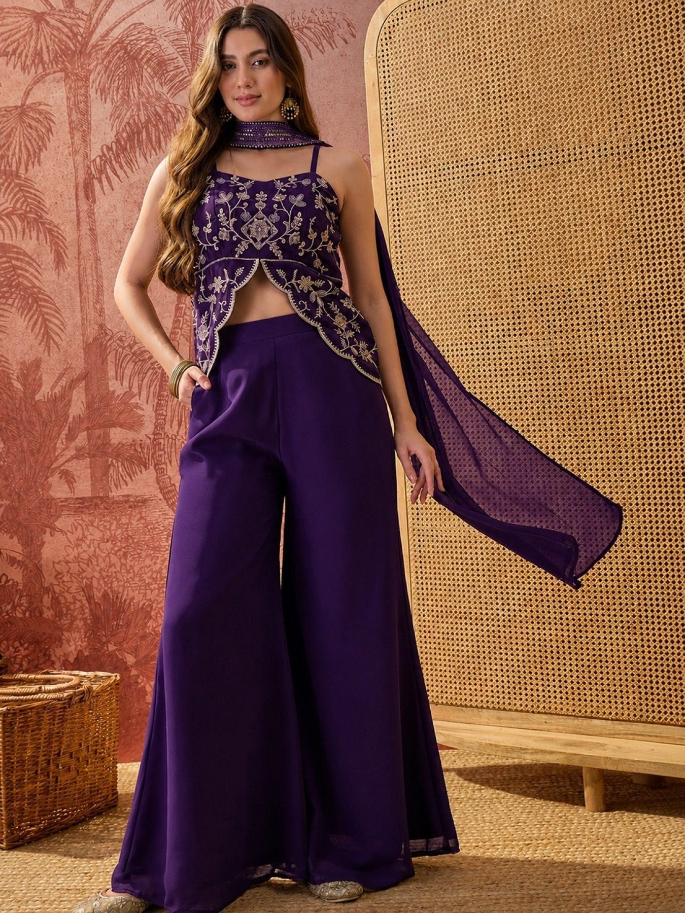 Purple Georgette Top Palazzo Set With Dupatta full set view
