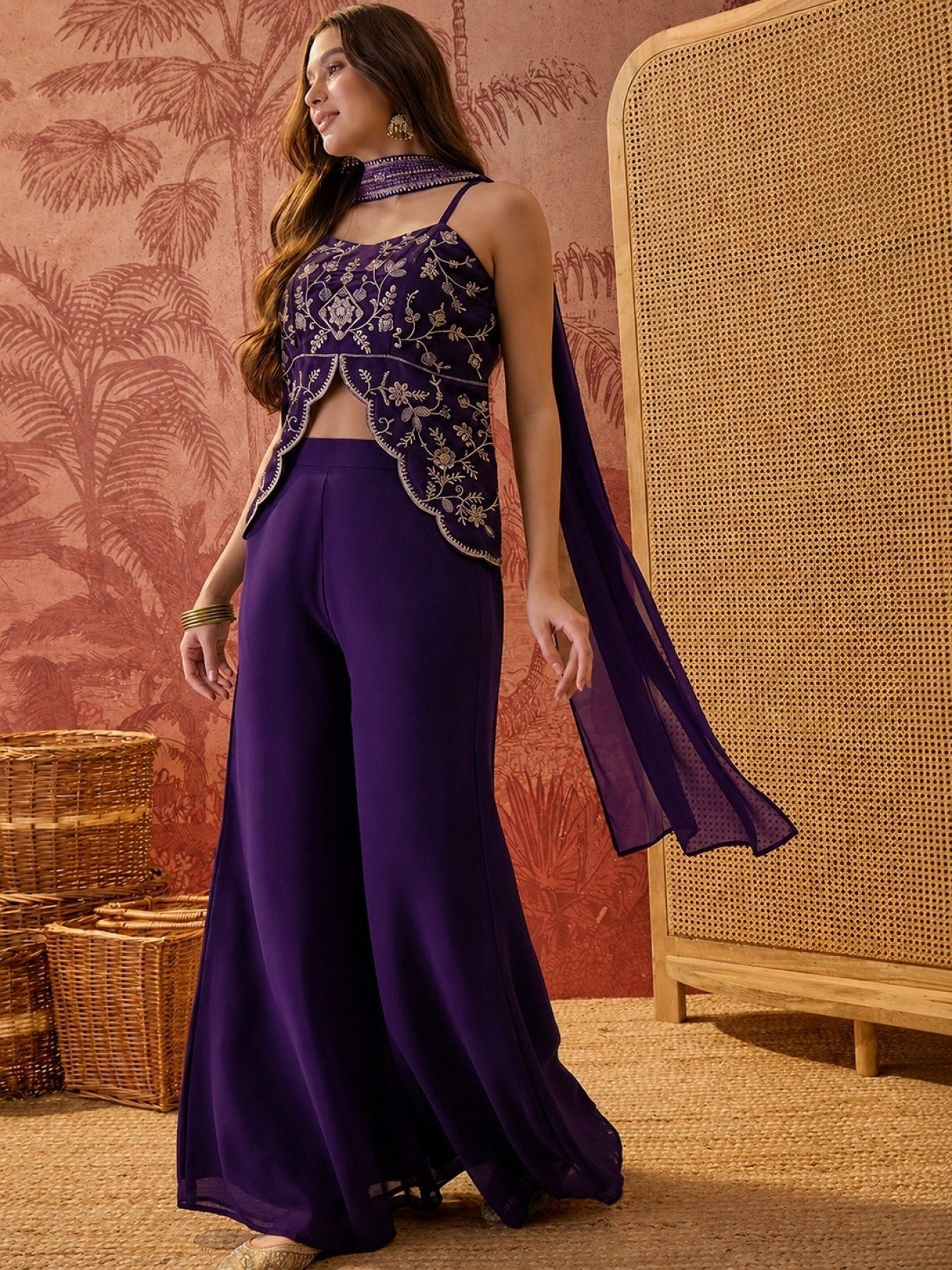 Purple Georgette Top Palazzo Set With Dupatta detailed view