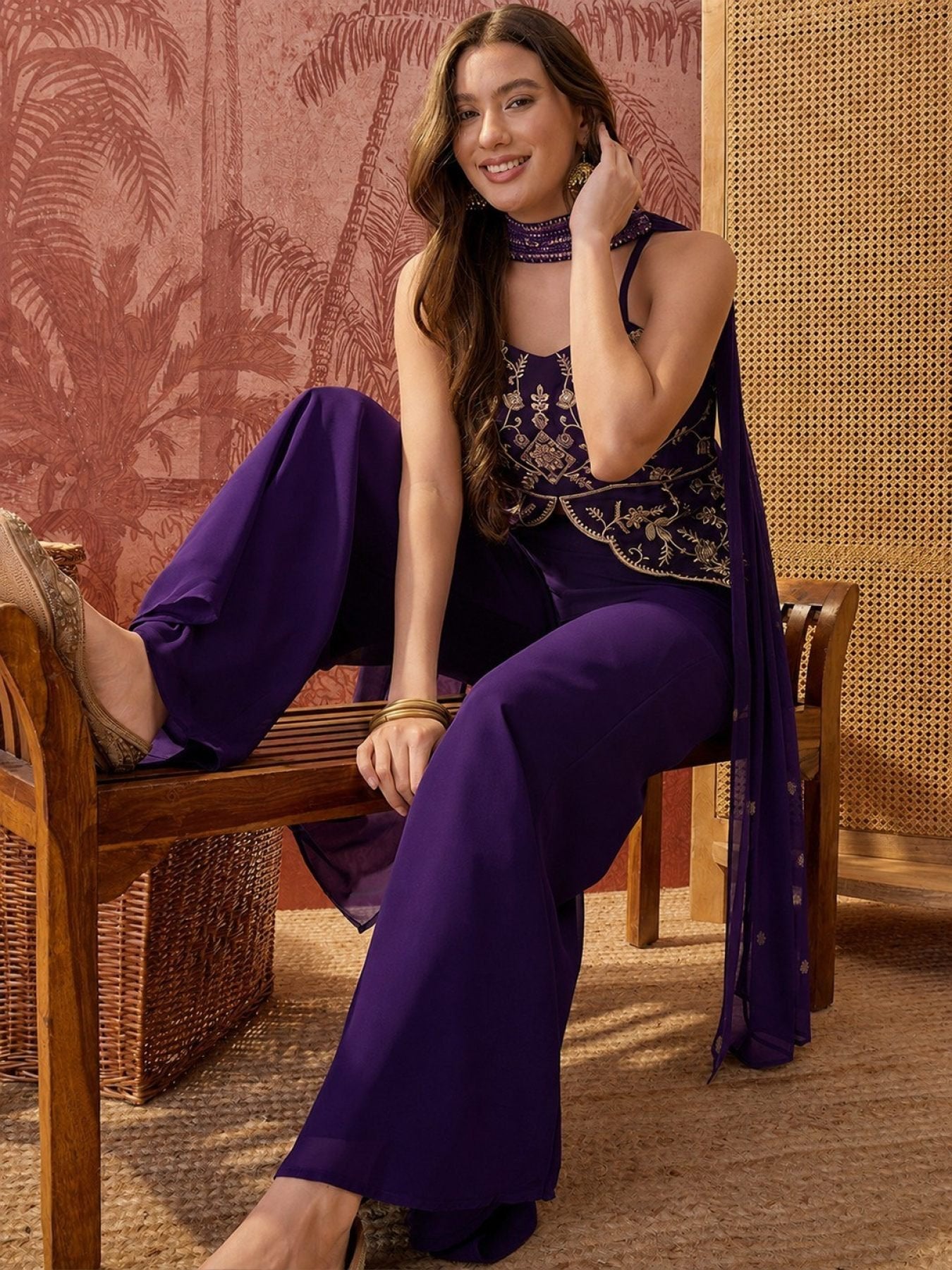 Purple Georgette Top Palazzo Set With Dupatta embroidery close-up
