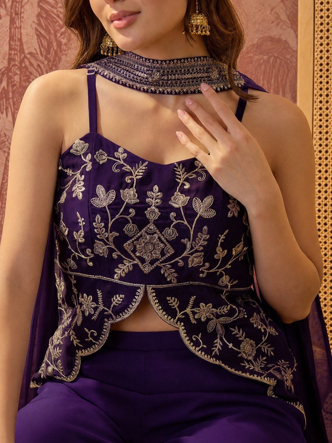 Purple Georgette Top Palazzo Set With Dupatta fabric texture detail