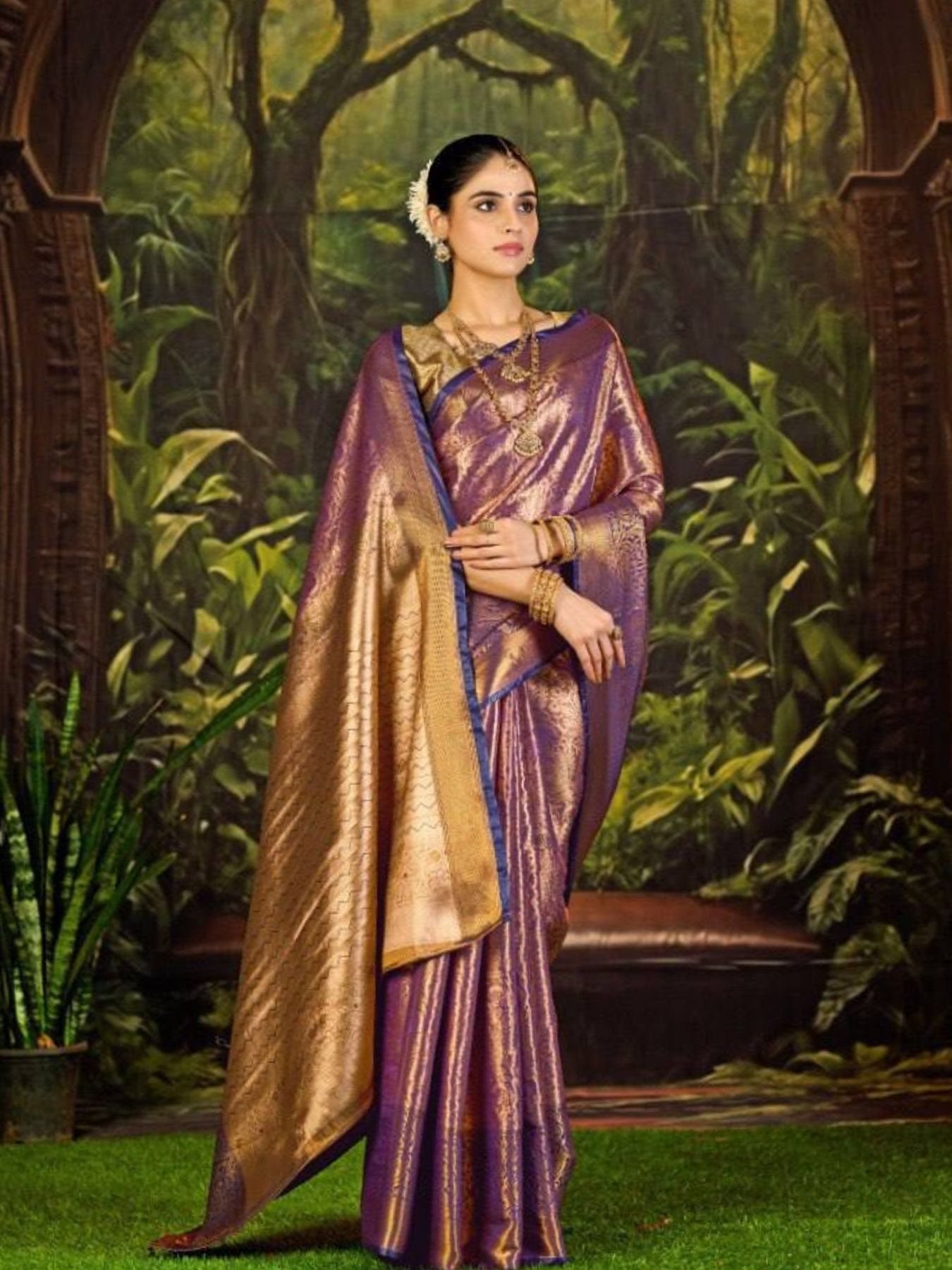 Purple Kanjivaram Saree for women - full front view | Snyvia
