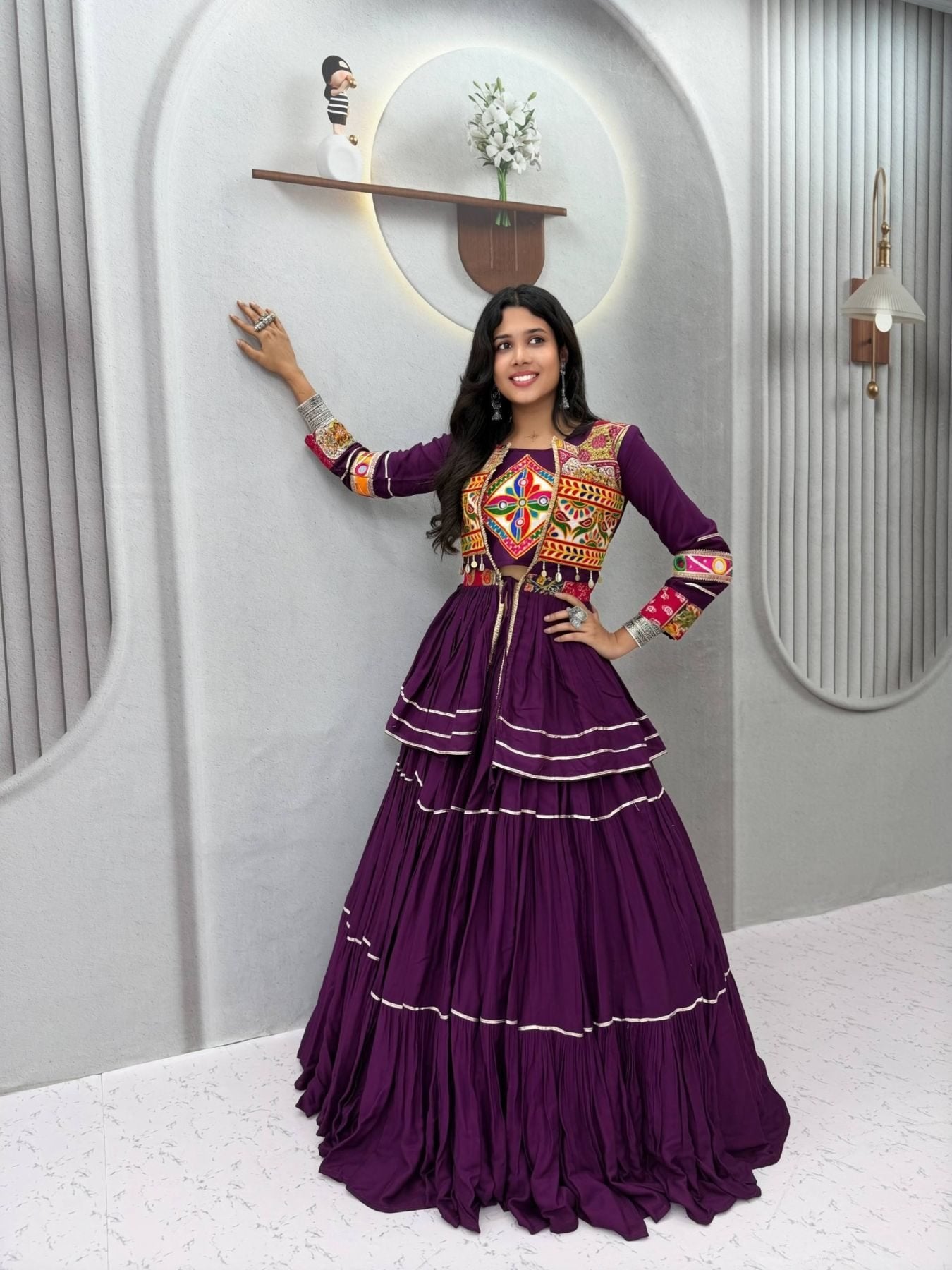Navratri Gamthi Work Cotton Lehenga Choli with Koti and 9 Meter Flair embroidery close-up